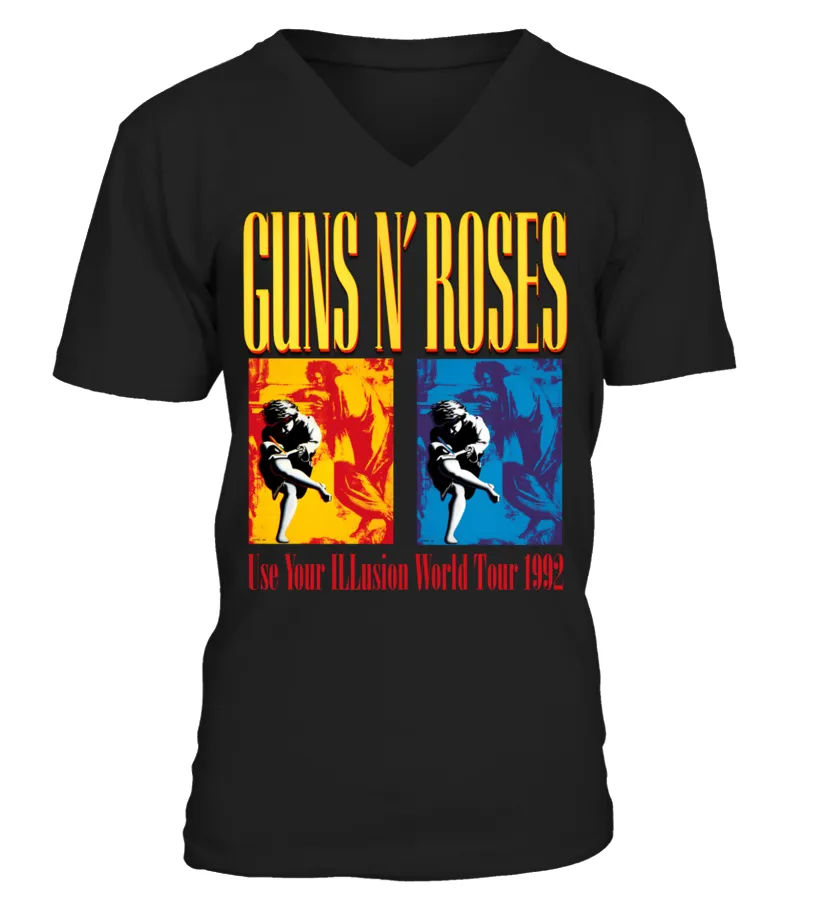 2 Sides OFFICIAL GUNS N ROSES USE YOUR ILLUSION WORLD TOUR BK Camiseta cuello en V Unisex