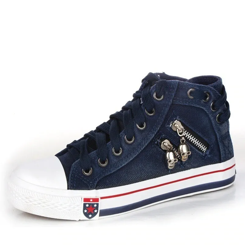 2024 Diseñador de gran tamaño de tamaño y otoñal Denim High Top Canvas para telas para estudiantes para mujeres zapatos planos d