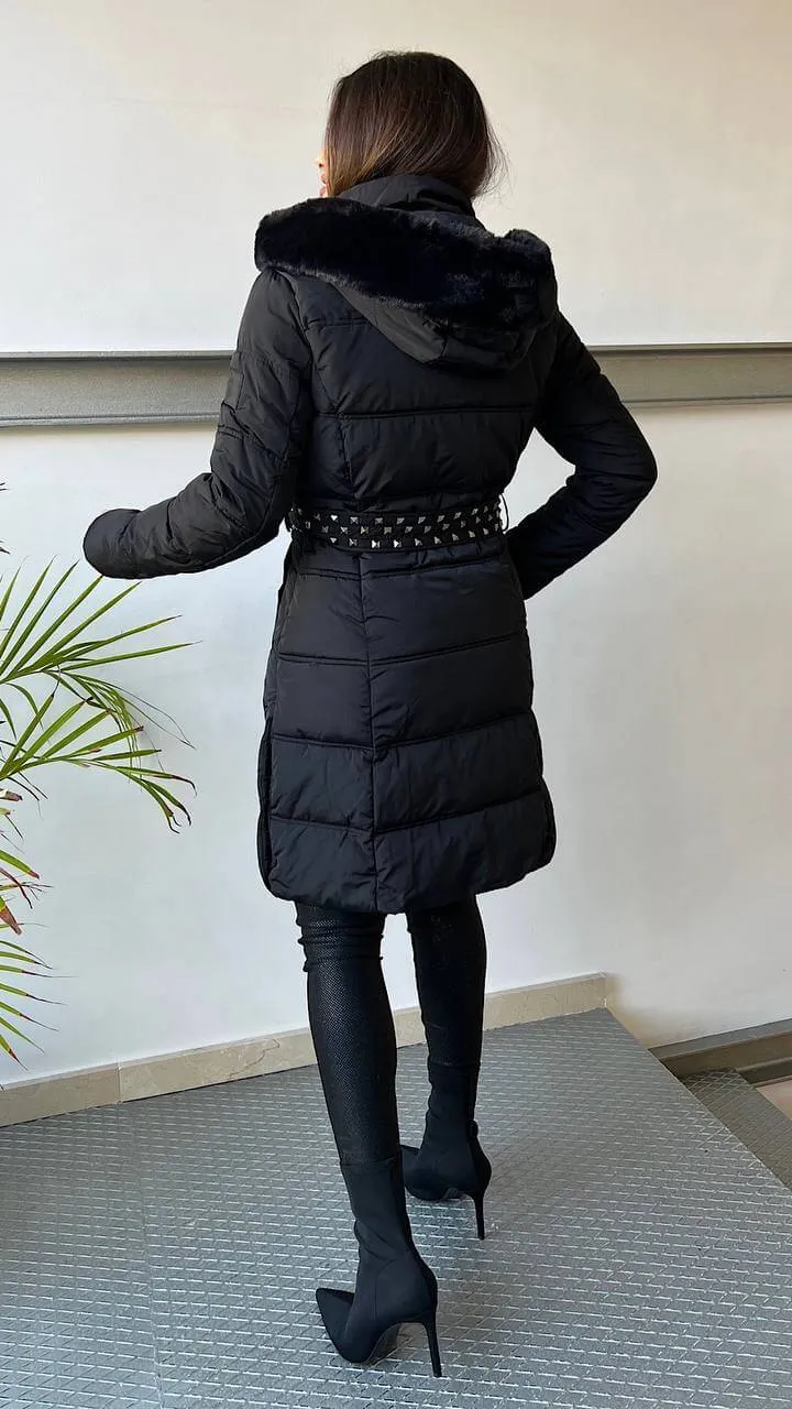 Abrigo Acolchado Negro Tachas Pelo Desmontable