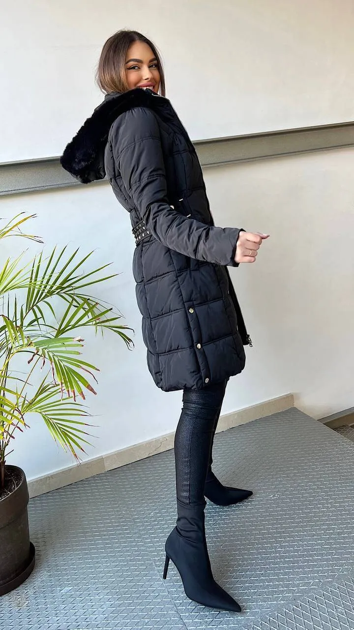 Abrigo Acolchado Negro Tachas Pelo Desmontable