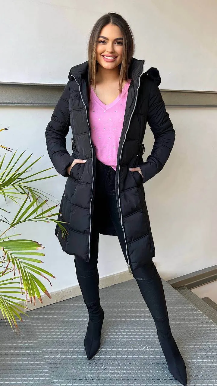 Abrigo Acolchado Negro Tachas Pelo Desmontable