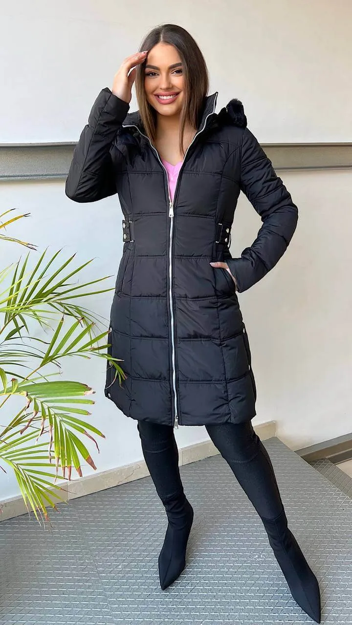 Abrigo Acolchado Negro Tachas Pelo Desmontable