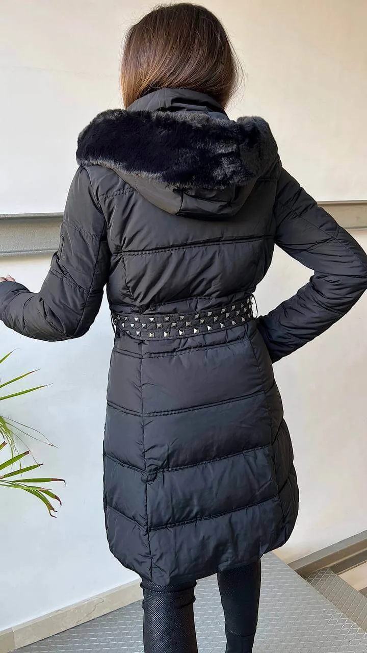 Abrigo Acolchado Negro Tachas Pelo Desmontable