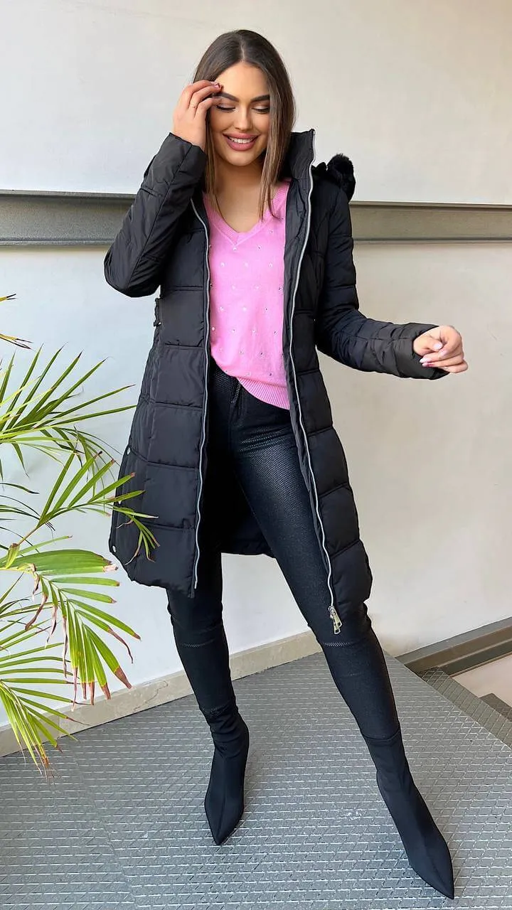 Abrigo Acolchado Negro Tachas Pelo Desmontable