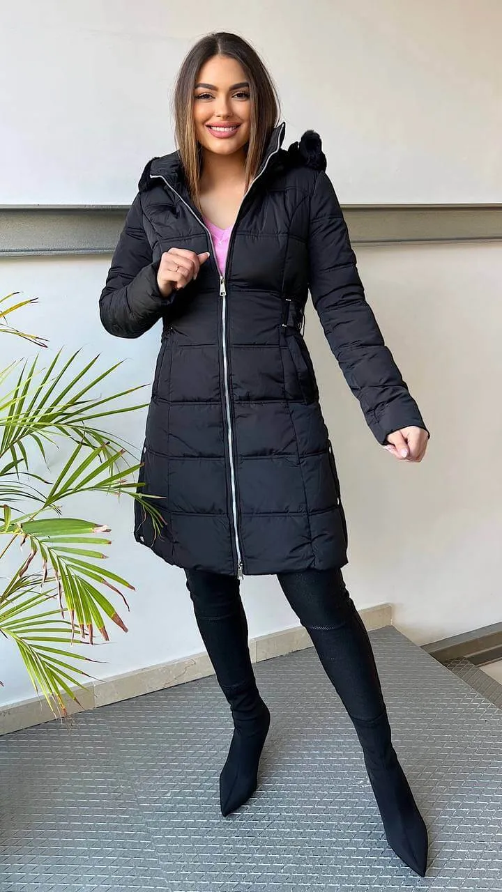 Abrigo Acolchado Negro Tachas Pelo Desmontable