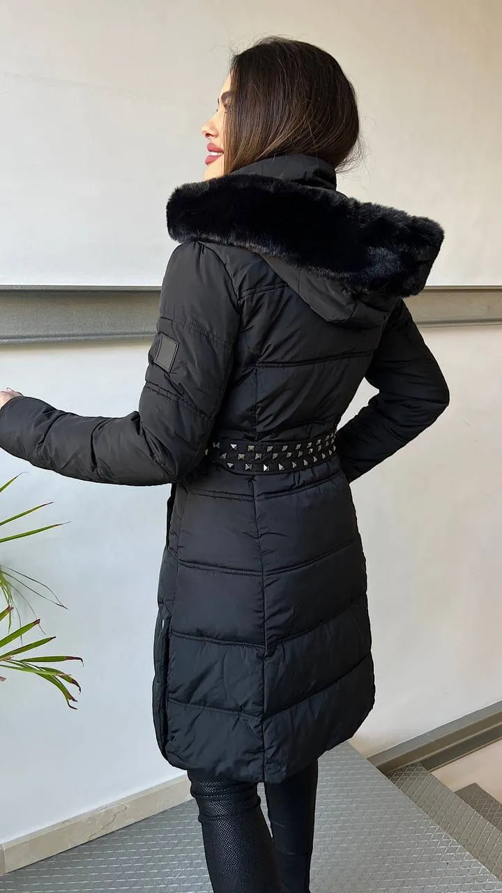 Abrigo Acolchado Negro Tachas Pelo Desmontable