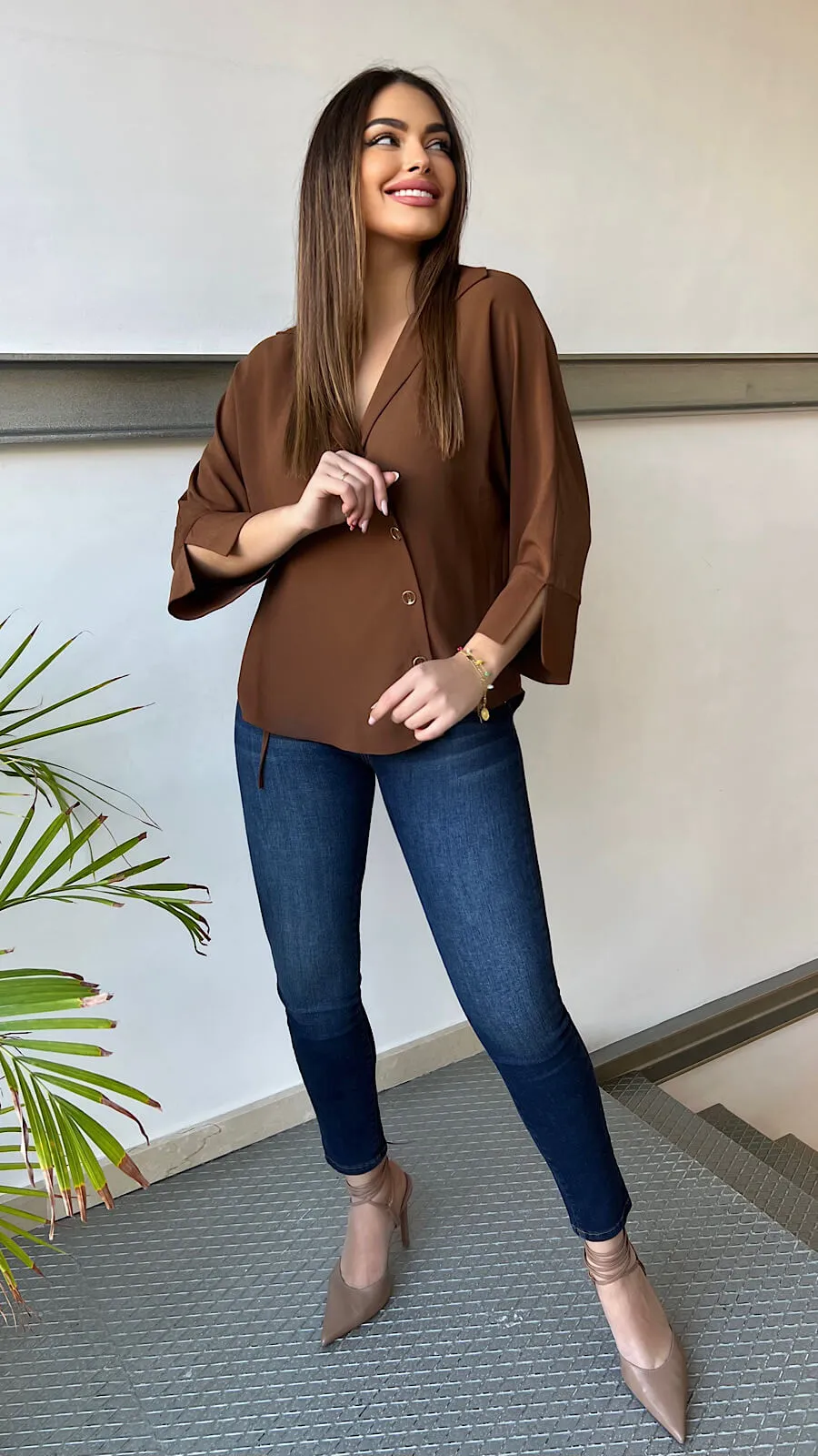 Camisa Francesa Botones Coffee