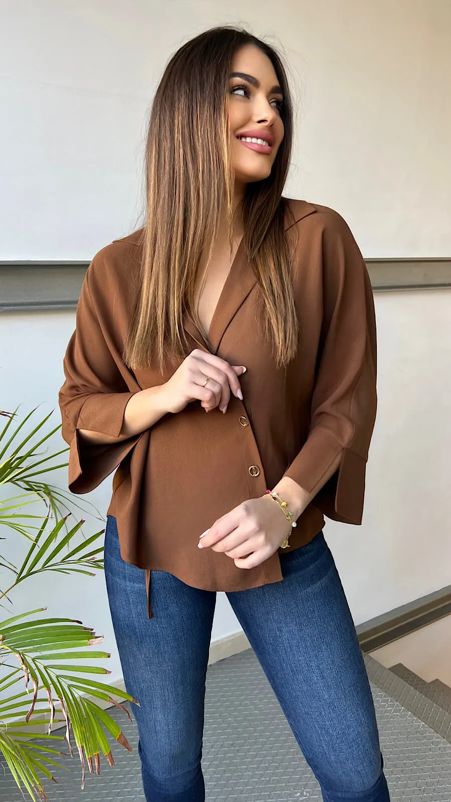 Camisa Francesa Botones Coffee