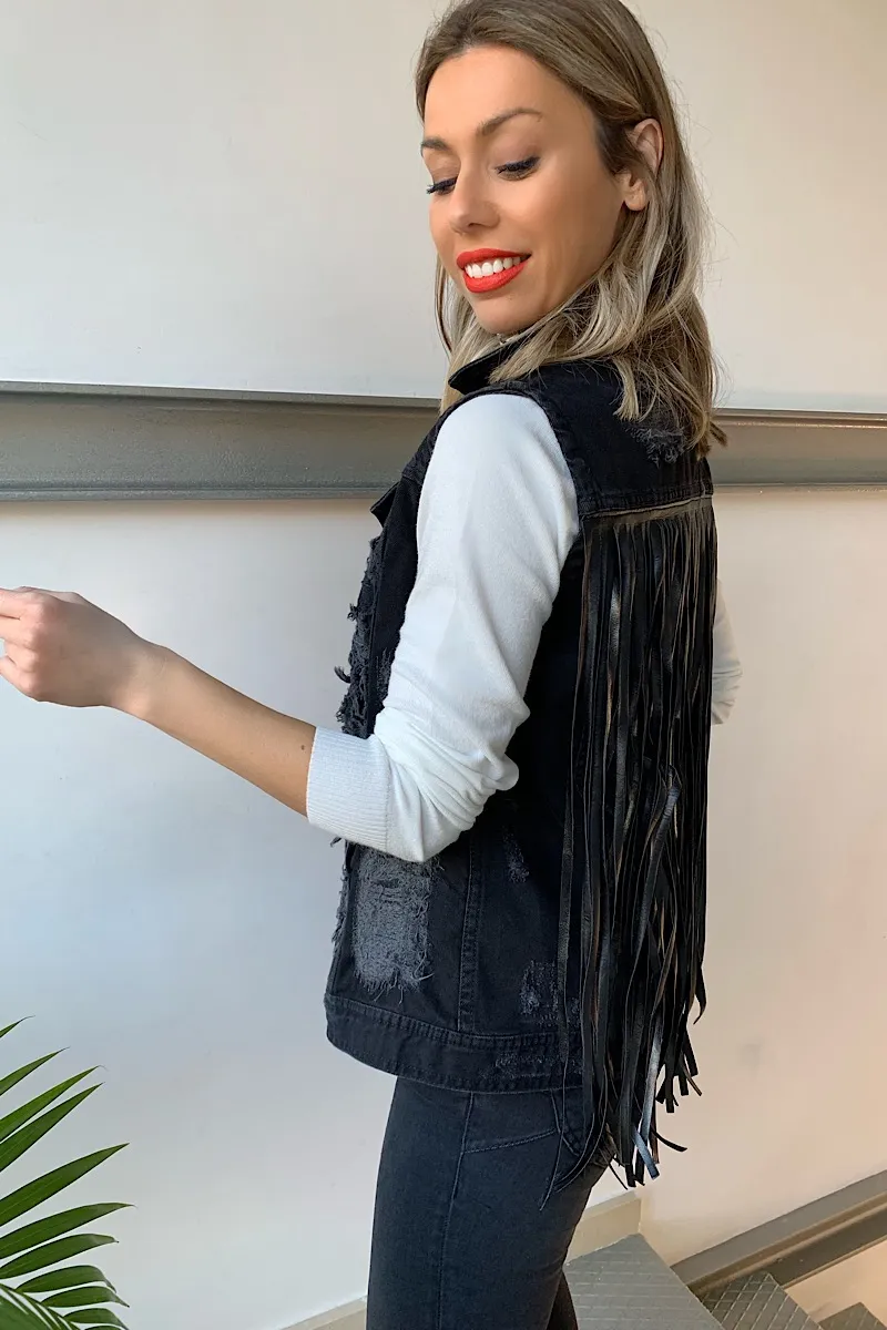 Chaleco Vaquero Negro Flecos