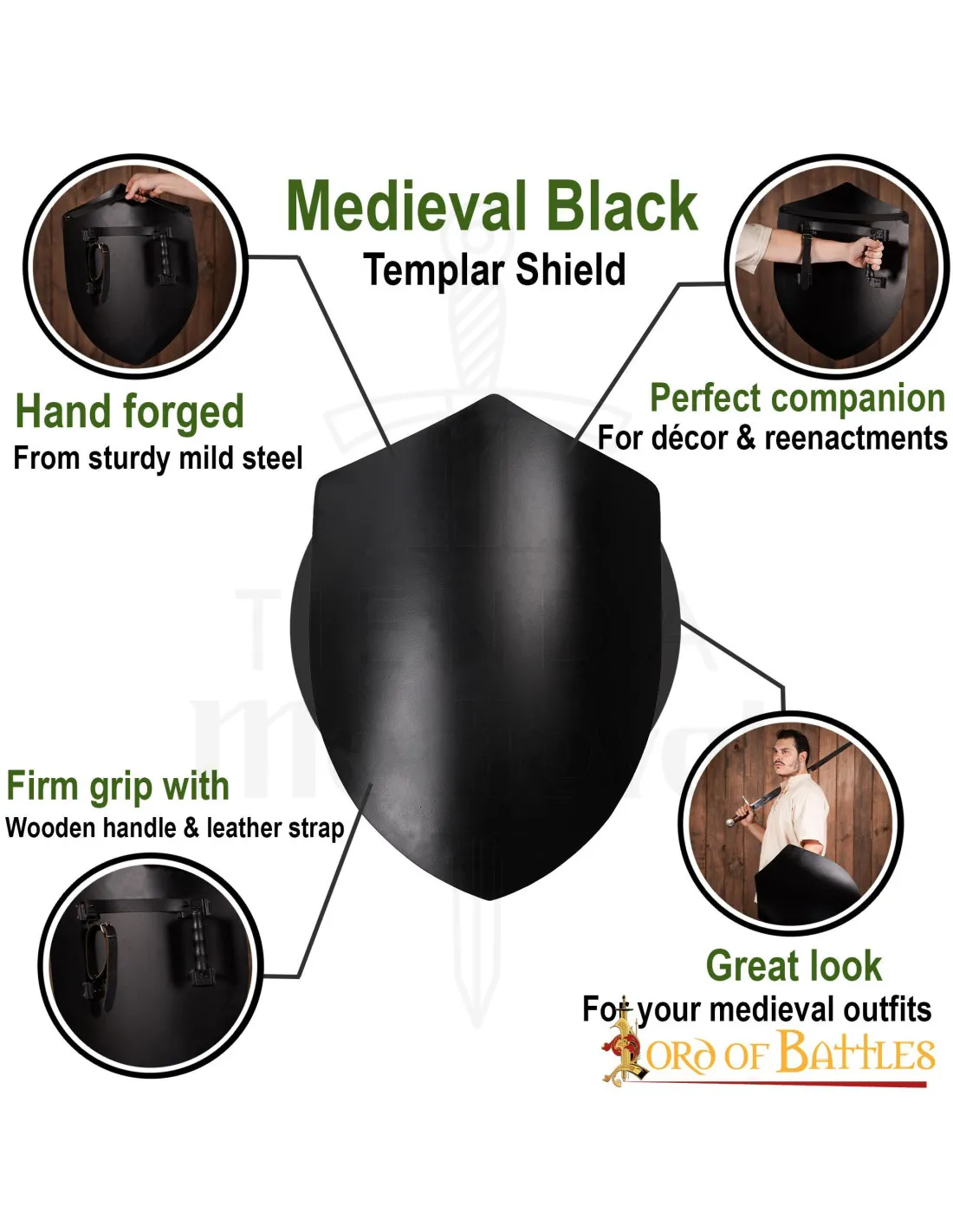 Escudo medieval negro liso, para personalizar
