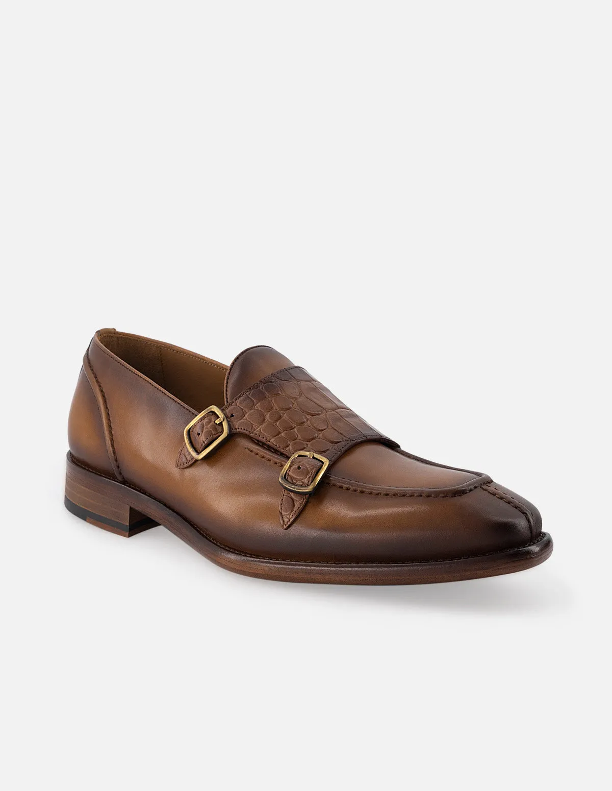Monk en piel color cuero con hebillas y sombreados en aerografo para hombre