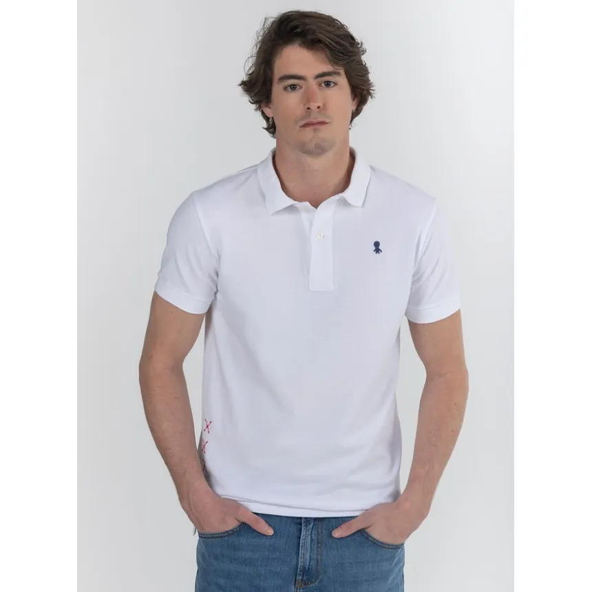 Polo El Pulpo Básico Bordado Para Hombre En Blanco