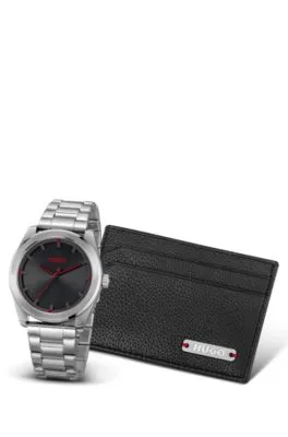 Set de regalo de tarjetero de piel y reloj con esfera negra