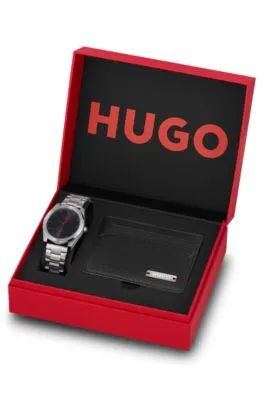 Set de regalo de tarjetero de piel y reloj con esfera negra