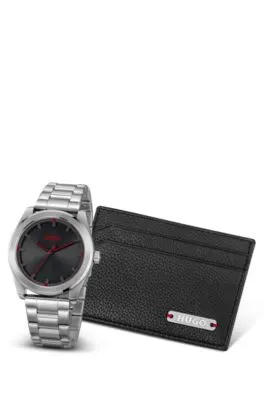 Set de regalo de tarjetero de piel y reloj con esfera negra