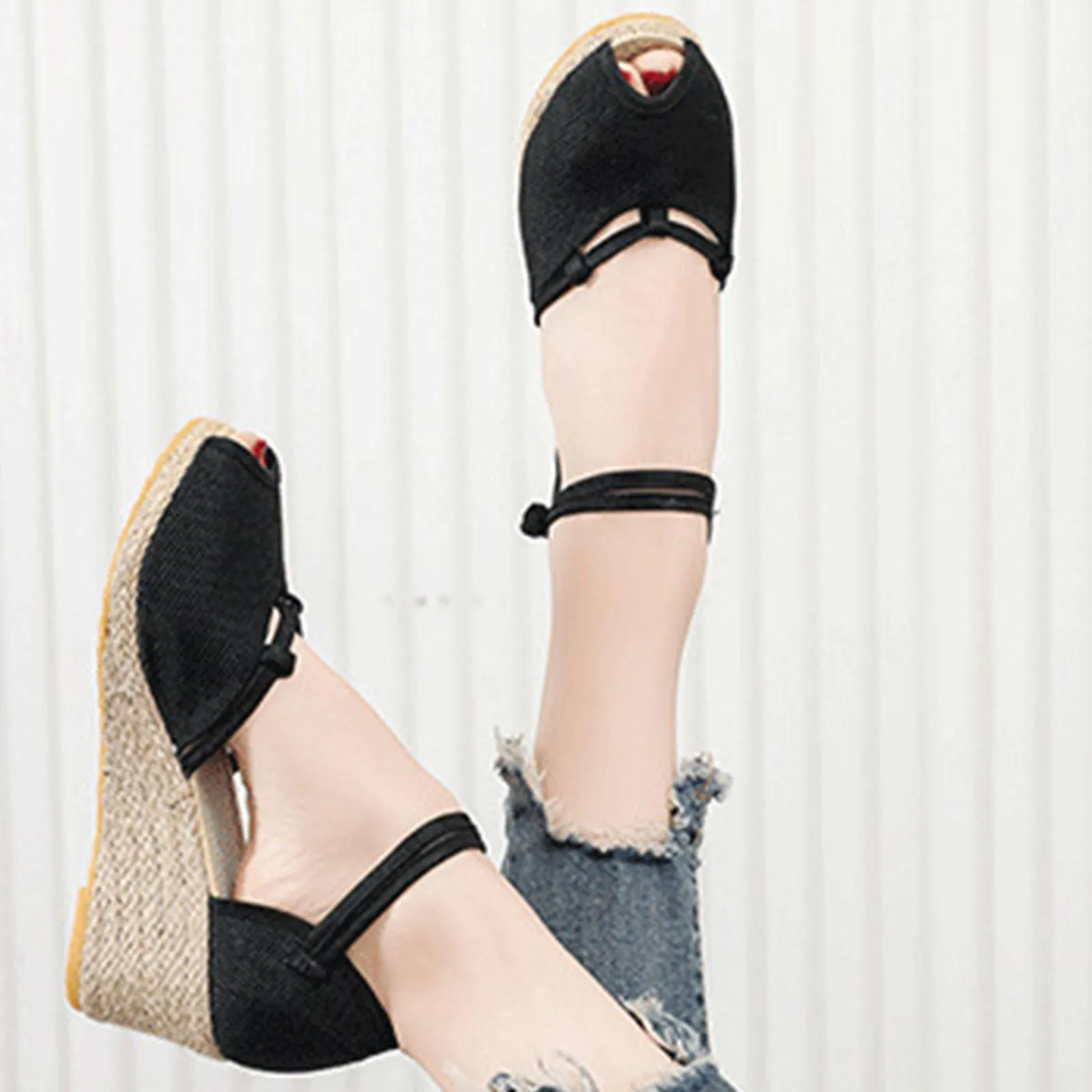 Shakumy Sandals for Women Dressy Summer,Women's Espadrilles Wedge Platform Sandals Closed Toe Braided Buckle Linen Sandals