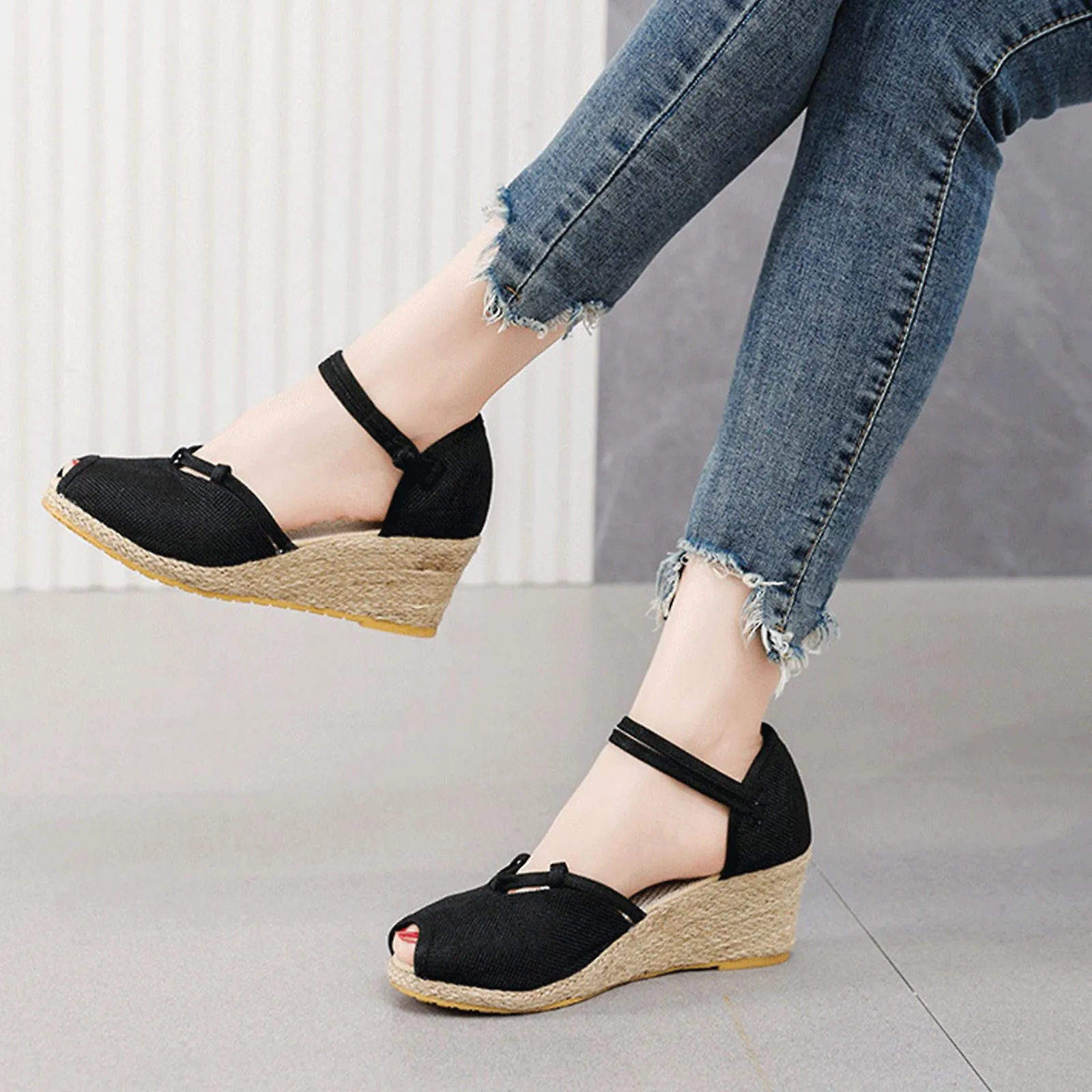 Shakumy Sandals for Women Dressy Summer,Women's Espadrilles Wedge Platform Sandals Closed Toe Braided Buckle Linen Sandals