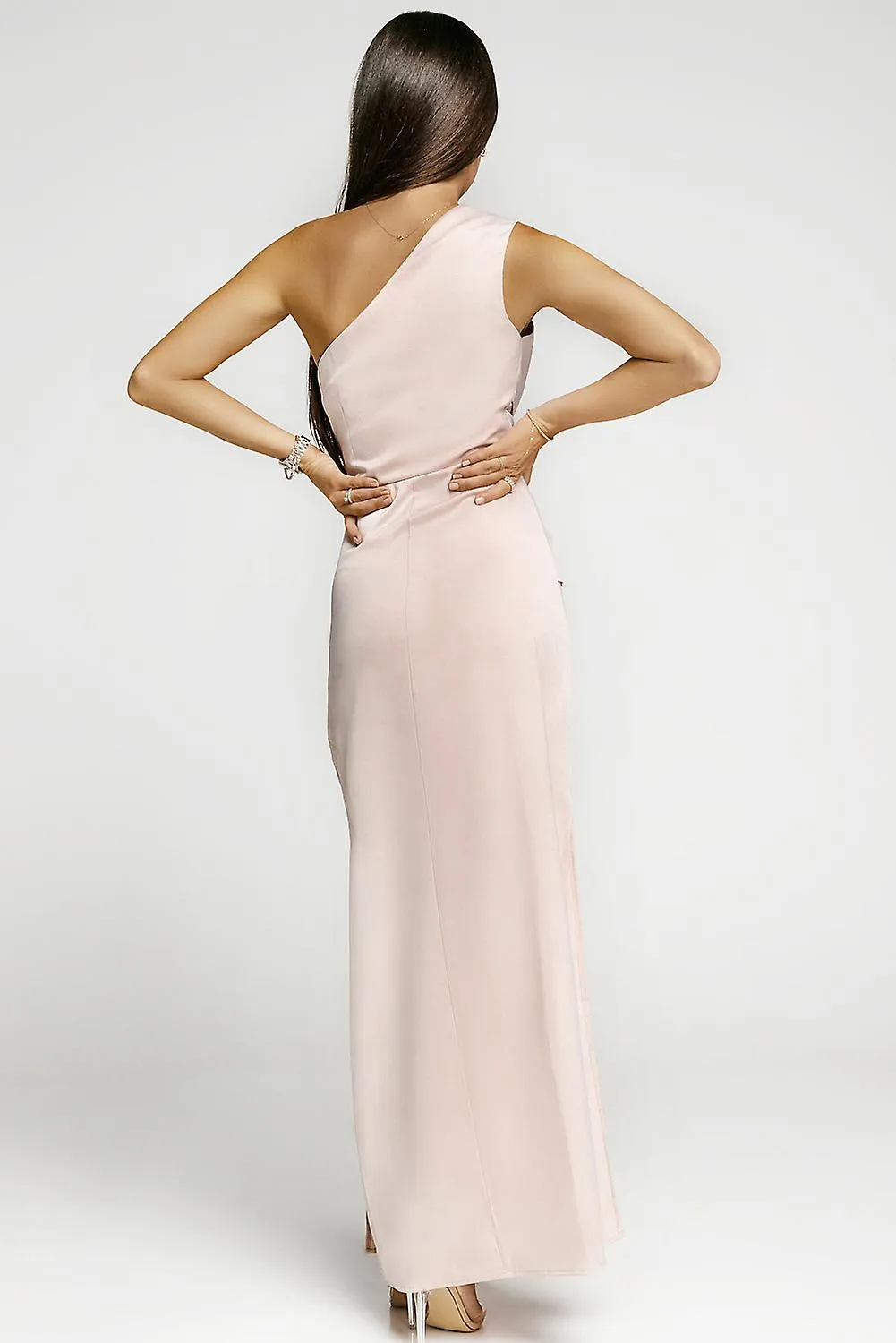WOMEN'S APRICOT ONESHOULDER TWIST DETAIL SLEEVELESS PARTY GOWN WITH SLIT