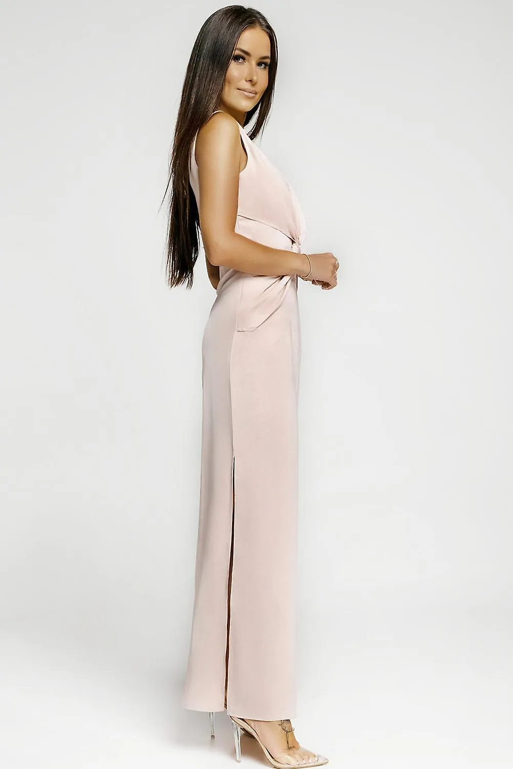 WOMEN'S APRICOT ONESHOULDER TWIST DETAIL SLEEVELESS PARTY GOWN WITH SLIT