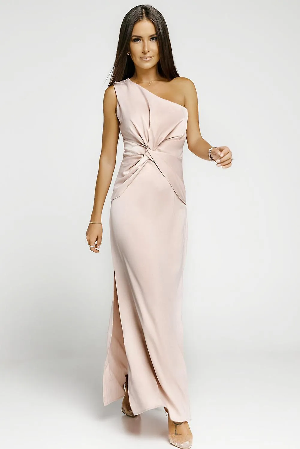 WOMEN'S APRICOT ONESHOULDER TWIST DETAIL SLEEVELESS PARTY GOWN WITH SLIT